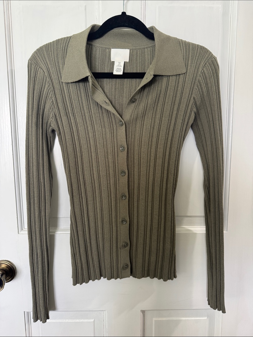 H&M Dark Olive Green Ribbed Button-Front Collared Long Sleeve Cardigan Size S